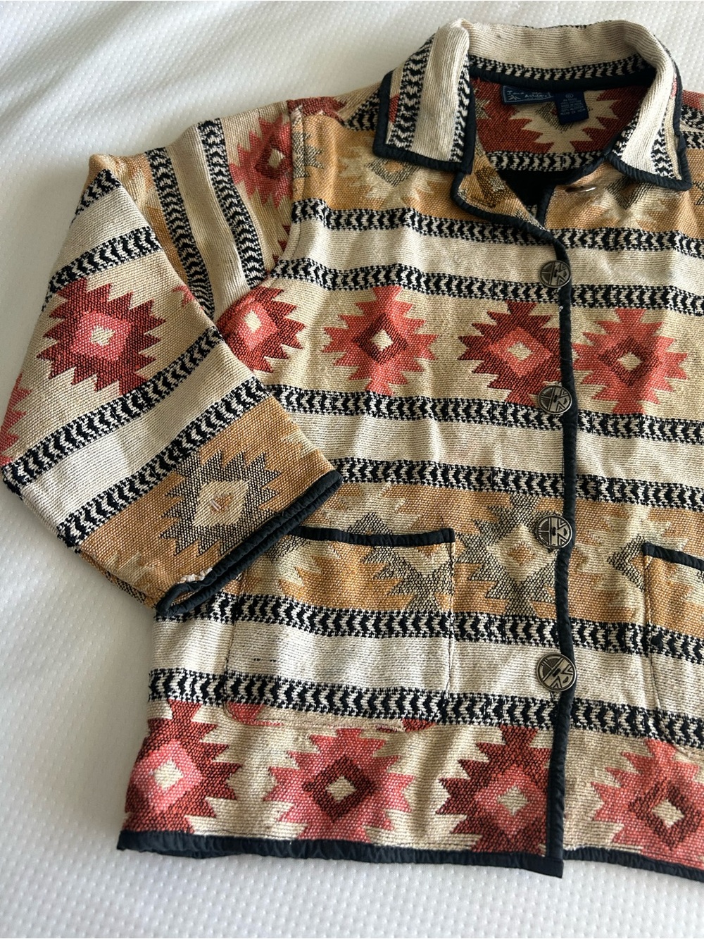 Laura Ashley Vintage Southwestern Aztec Knit Button-Up Cardigan in Beige/Rust - Picture 7 of 11